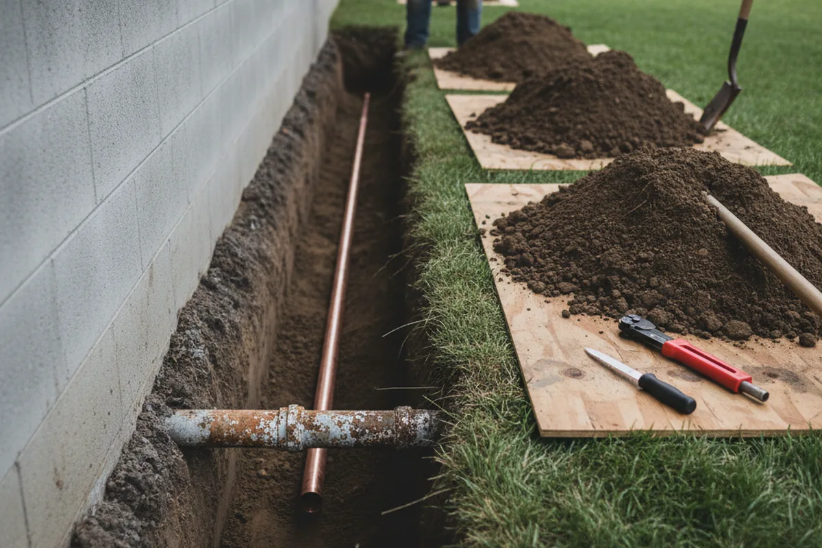 Excavated water line trench during Water Softener Installation in Visalia